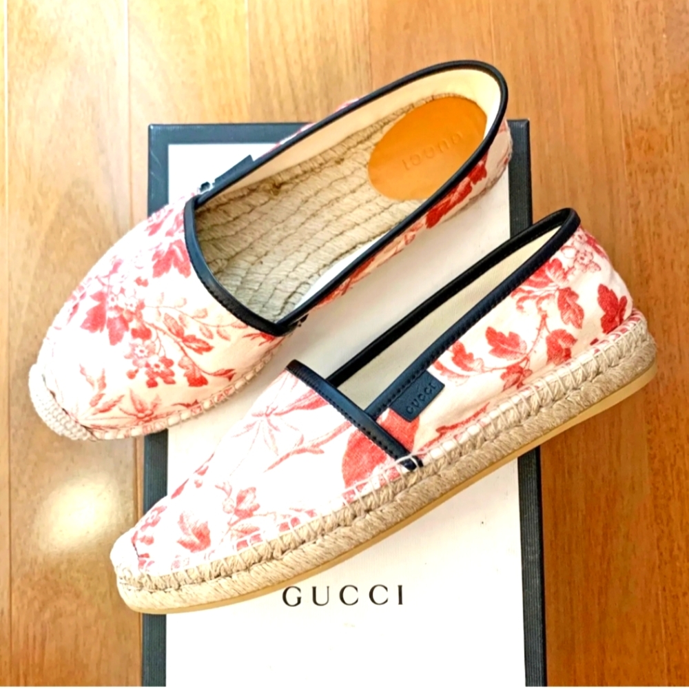Gucci Herbarium Floral Canvas Pilar Espadrille Flats Red Beige